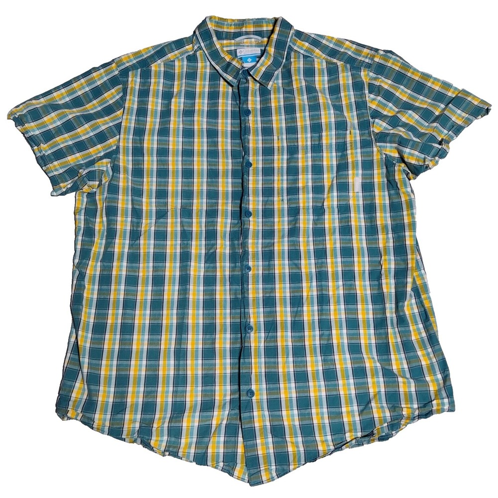 COLUMBIA OMNI-SHADE SUN PROTECTION Men XL Teal Yellow Plaid Cotton Button Shirt